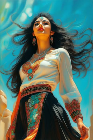  Foreshortening - looking up from the bottom. A very beautiful Arab woman with long flowing black wavy hair, dressed in a black skirt with patterns and accessories in turquoise and orange tones. Fantastically and fabulously, charming radiance, soft brush strokes, air movements, soft shining light, light layering, Radiant glare of sunlight, high detail. The background is a magical clearing. The material is oil on canvas.