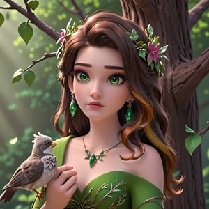  A beautiful dryad woman, near a tree, holds a beautiful fluffy bird in her hands. The woman has a beautiful face, pale radiant skin, large emerald eyes, thick long eyelashes, makeup with an emphasis on the eyes. An outfit made of the texture of tree bark, brown hair intertwined with tree branches, earrings made of acorns, a green wreath of twigs and leaves. Photorealism, large 3d strokes, deep shadows, fantasy, delicate juicy colors, highlights, radiance, shine.