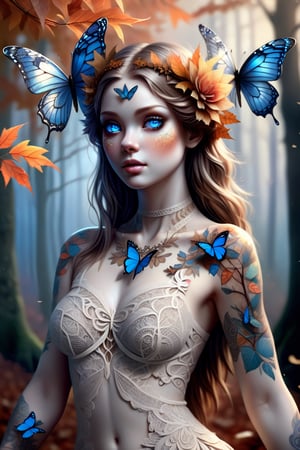 A beautiful ethereal woman with large, delicate butterfly wings attached to her head, surrounded by swirling autumn leaves and other small butterflies. Her striking blue eyes contrast with her porcelain skin, and she wears intricate lace-like tattoos that flow gracefully along her neck and shoulders. The background features an enchanted, misty forest with twisted, ancient trees and a soft glow that adds a dreamlike atmosphere. The colors are warm and vibrant, emphasizing the magical and surreal nature of the scene. Digital painting, ultra-realistic details, soft focus, high contrast lighting, (masterpiece: 1.2), (best quality:1.3), ultra highres, original, (extremely detailed:1.1), perfect lighting