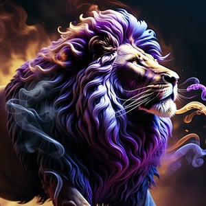 a lion with a huge mane of smoke, side view. fantasy art, 3D rendering, photorealism, detailed detailing, macro photography. deep blues and purples.