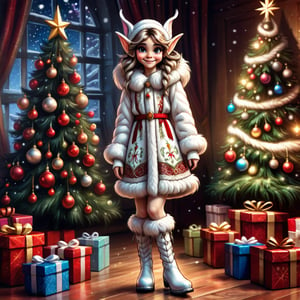  winter fairy tale, cartoon image of a girl elf with a big head, thin body, long legs in white felt boots, big otherworldly cheerful eyes, smiling, sad ears, long tousled hair, Russian kokoshnik, white fur coat and Russian traditional dress, against the background of a Christmas tree with a gift, high resolution, rich color palette, Hdr