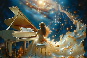  A stunning, ethereal image of a beautiful woman playing a grand piano floating amidst the stars in the vastness of space, in distance. Her elegant dress and flowing hair are intricately crafted from shimmering musical notes, giving them a delicate, ethereal quality. The grand piano is full size, open lid, white, sleek and polished, reflecting the starlight around it. From the piano, a vibrant stream of musical notes emerges, cascading in all the colors of the rainbow, swirling and dancing through the cosmos. The background is a breathtaking tapestry of galaxies and nebulae, adding depth and wonder to the scene. The woman's expression is serene and focused, embodying the harmony and beauty of the music she creates. Hyper-realistic style, wide-angle view, soft ambient lighting, and intricate details in the dress and background. Fantasy and surrealism art movement.