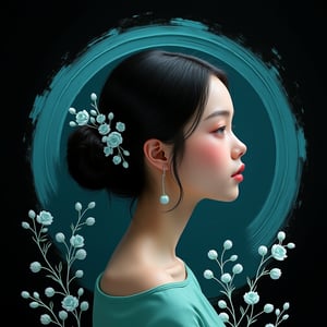 Brushed stroke aqua and black background, 3D arc aqua, tiny aqua rosebuds baby’s breaths , beautiful realistic woman with black hair.