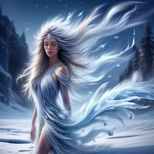 beautiful woman with long icy flowing hair standing in the snow, digital art inspired by Magali Villeneuve, fantasy, ethereal dripping ice, made of ice, Laurie Earley, wearing a dress made of water, soft inner glow, ethereal, ice shards, ice landscape, sparkling ice, girl in white short frosted dress made of ice lace, icy, feminine etherealness, detailed, sophisticated appearance, high detail, high budget, bokeh, cinemascope, gorgeous, film grain, professional, highly detailed, photographic, extreme realism, subtle texture, incredibly realistic
