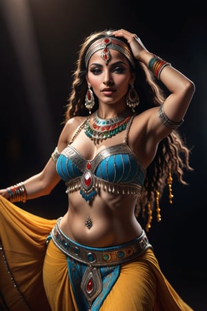  Berber woman, Moroccan dancer, in bright national decoration, in massive Moroccan jewelry, eyes lined with antimony, thin lips, piercing on her stomach, dynamic movements, belly dancing, dark background, cinematic lighting, shiny threads, magical radiance around.