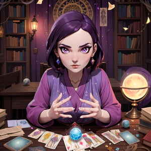  Generate an image of a female fortune teller facing forward, looking at the viewer. She is wearing a robe. In front of her is a wooden table with a crystal ball and scattered tarot cards. The background is lined with books, creating a mystical atmosphere.