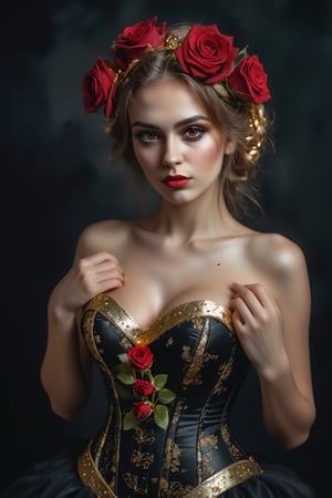 watercolor acrylic Russian woman with red roses in her hair, roses with gold sparkles, model 5 0 0 px, black silk dress with gold sparkles, corset, half-turn look, Nikon d 8 5 0 camera, black intense eyes, random pose, dark background