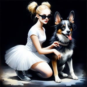 watercolor acrylic, random interesting pose, Russian woman in a white dress and a black and white dog, ballerina, sports glasses on a dog)), for a catalog, blond hair. ponytail, tutu, dark background