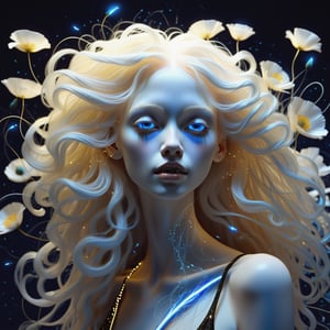 Stardust, pure gold, black, colored neon lines, excellent drawing, dynamics, wind, flower decorations, hyperdetalization, skin drawings, beautiful slender albino woman, delicate facial features, very long iridescent hair, curls, threads, flowers - white poppies, blue neon backlight, glitter, sparks, glow, arbitrary pose, 3d