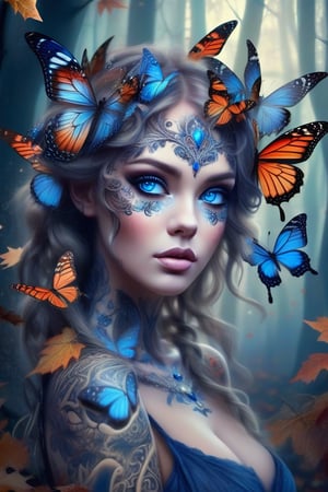 A beautiful ethereal woman with large, delicate butterfly wings attached to her head, surrounded by swirling autumn leaves and other small butterflies. Her striking blue eyes contrast with her porcelain skin, and she wears intricate lace-like tattoos that flow gracefully along her neck and shoulders. The background features an enchanted, misty forest with twisted, ancient trees and a soft glow that adds a dreamlike atmosphere. The colors are warm and vibrant, emphasizing the magical and surreal nature of the scene. Digital painting, ultra-realistic details, soft focus, high contrast lighting, (masterpiece: 1.2), (best quality:1.3), ultra highres, original, (extremely detailed:1.1), perfect lighting