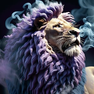 a lion with a huge mane of smoke, side view. fantasy art, 3D rendering, photorealism, detailed detailing, macro photography. deep blues and purples.