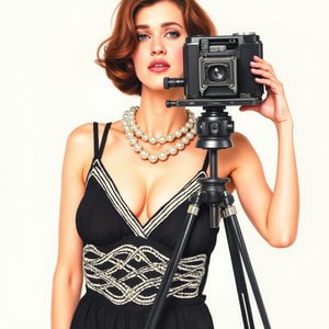 watercolor acrylic random pose, woman, shoulder length brown hair standing next to an antique camera on a tripod, luxurious pearl necklace dress inspired by Joseph Christian Leyendecker, white light, intertwined pearls on the dress black bakgraund