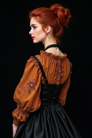 watercolor, acrylic, random pose, woman standing on a black background, blouse with ruffles on the tassels in a bright brown color with a print in small flowers, black vest, red French bun hairstyle, reddish brown, pronounced cheekbones, Russian style, villainess, photo realistic photo , sony a 7 iii, shot on canon 5 d mark ii