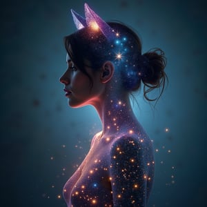  double exposure female body inside her stars glow and galaxy space art cat ears on head