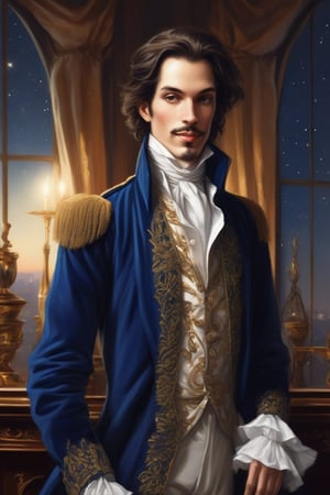 A detailed illustration of Prince Florizel, a noble and adventurous character from Robert Louis Stevenson's stories. He is depicted as a tall, handsome man with aristocratic features, wearing 19th-century European royal attire—a richly embroidered dark velvet coat with gold details, a white silk shirt with ruffled cuffs, and a flowing royal blue cape. He has a confident yet enigmatic expression, with a slight smile on his lips. The background is a lavish European-style interior with elegant furniture, dim lighting, and a large window showing a night sky with a full moon.