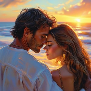 young couple in love looking down on the world, dave palumbo style, seashore, sunset, big brushstrokes, bright happy colors, high detail, sharp focus on faces, photorealistic, artistic, photorealistic, artistic cinematography, long shadows, advanced, chromatic aberration, ultrarealistic, chiaroscuro