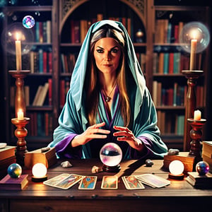  Generate an image of a female fortune teller facing forward, looking at the viewer. She is wearing a robe. In front of her is a wooden table with a crystal ball and scattered tarot cards. The background is lined with books, creating a mystical atmosphere.