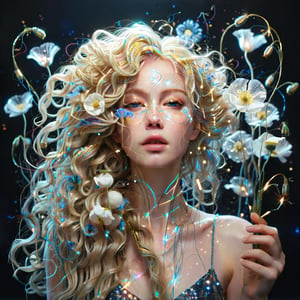 Stardust, pure gold, black, colored neon lines, excellent drawing, dynamics, wind, flower decorations, hyperdetalization, skin drawings, beautiful slender albino woman, delicate facial features, very long iridescent hair, curls, threads, flowers - white poppies, blue neon backlight, glitter, sparks, glow, arbitrary pose, 3d