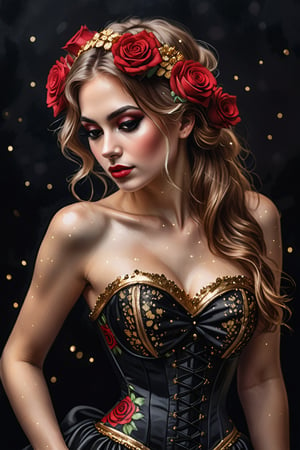 watercolor acrylic Russian woman with red roses in her hair, roses with gold sparkles, model 5 0 0 px, black silk dress with gold sparkles, corset, half-turn look, Nikon d 8 5 0 camera, black intense eyes, random pose, dark background