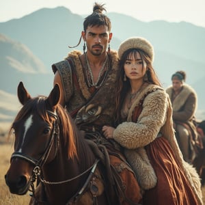  A photograph of an ancient Tibetan warrior, Tibetan facial features, a handsome man carrying a young beautiful woman on horseback, a full-length shot, a necklace and earrings, a photorealistic photograph, a Persian-style chain mail with animal skin trim, a sheepskin hat with a feather decoration, a determined look, a sword on his belt, a misty background of the Qinghai Plateau, The Great Wall of China in the distance, the atmosphere of nomadic culture.