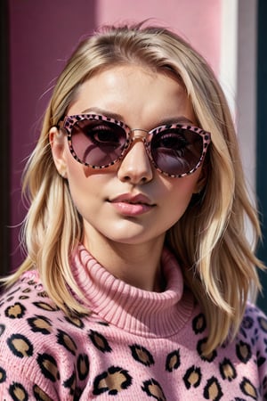 close-up portrait of a beautiful woman with straight blond hair She is wearing a pink tortoiseshell sweater with a leopard pattern and sunglasses with a pink leopard pattern on the frame.