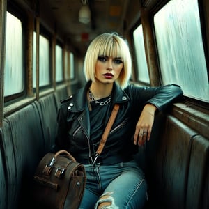 Portrait of a blonde woman, bob haircut, straight quiff, full-length, wearing clothes reminiscent of a casual punk rocker, she is lounging in a dirty subway car, unkept hair framing her carefree image, leather bag by her side, dramatic interplay of shadows and air speckles,