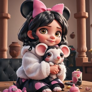  acrylic, painterly with clear elaboration of details, Gothic, a young woman in a white and black fluffy chibi mouse costume, with pink spots and a bow, a baby mouse toy sits next to her, hugging, a cup of sweets.