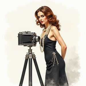 watercolor acrylic random pose, woman, shoulder length brown hair standing next to an antique camera on a tripod, luxurious pearl necklace dress inspired by Joseph Christian Leyendecker, white light, intertwined pearls on the dress black bakgraund