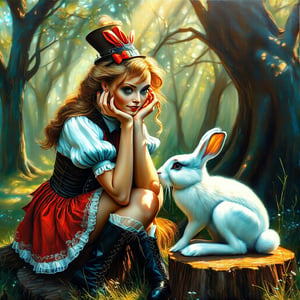 oil painting, airbrushing, close up random pose, Alice in Wonderland in steampunk style sits on a tree stump, resting her head on her hand. next to her is a white rabbit Against the backdrop of a fairy-tale forest with sun glare and high contrast. The painting features bold, expressive brush strokes and is a masterful work of art.