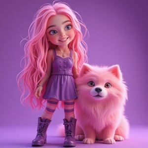  3D rendering: a young sorceress with lush long shaggy disheveled pink hair. Purple dress, striped pink tights and big purple boots. Next to her is a fat fluffy huge pink samoyed. Purple background.