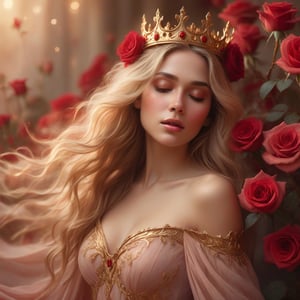 fantasy, woman, detailed face, flowing hair, flowing dress, golden crown, red roses, soft lighting, dreamy, romantic, magical, ethereal, warm color palette, gold, red, pink