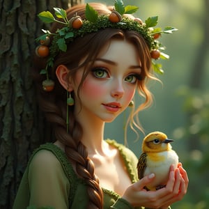  A beautiful dryad woman, near a tree, holds a beautiful fluffy bird in her hands. The woman has a beautiful face, pale radiant skin, large emerald eyes, thick long eyelashes, makeup with an emphasis on the eyes. An outfit made of the texture of tree bark, brown hair intertwined with tree branches, earrings made of acorns, a green wreath of twigs and leaves. Photorealism, large 3d strokes, deep shadows, fantasy, delicate juicy colors, highlights, radiance, shine.