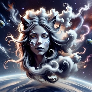 wind, a thundercloud, in the form of a smoky girl, with long hair and cat ears on her head, rises in space above the planet