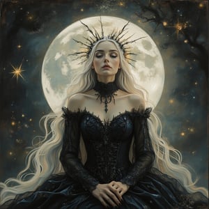  An old oil painting, dramatic. The golden ratio, minimalism. Dilka Beer style, a moon-faced pale-skinned woman sits on a moon, in a black and silver dress with intricate patterns, with long white hair with stars, in a Gothic fantastic headdress, on a dark cosmic background, gray haze, in the style of Dilka Beer, Nicoletta Ceccoli and Mark Ryden.