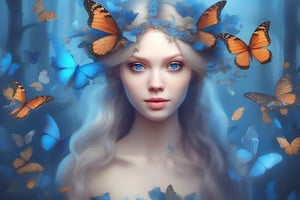 A beautiful ethereal woman with large, delicate butterfly wings attached to her head, surrounded by swirling autumn leaves and other small butterflies. Her striking blue eyes contrast with her porcelain skin, and she wears intricate lace-like tattoos that flow gracefully along her neck and shoulders. The background features an enchanted, misty forest with twisted, ancient trees and a soft glow that adds a dreamlike atmosphere. The colors are warm and vibrant, emphasizing the magical and surreal nature of the scene. Digital painting, ultra-realistic details, soft focus, high contrast lighting, (masterpiece: 1.2), (best quality:1.3), ultra highres, original, (extremely detailed:1.1), perfect lighting