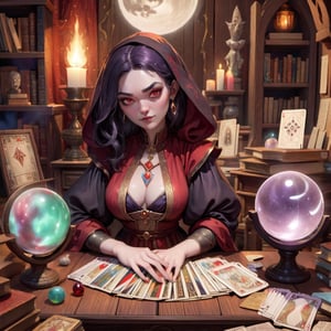 Create an image of a female fortune teller looking forward and at the viewer. She is dressed in a black and red robe. In front of her is a wooden table with a crystal ball and scattered tarot cards. The background is filled with books, which creates a mystical atmosphere. hyperdetail