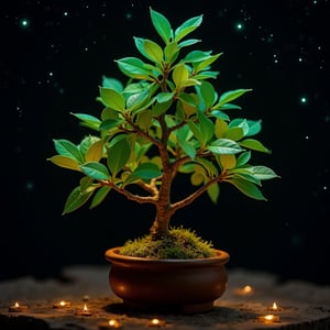 A detailed, whimsical close-up of a bonsai tree in the style of Wes Anderson, featuring bioluminescent leaves that glow softly in the night. The miniature tree is meticulously shaped and contained within a carefully curated pot, exuding a sense of nostalgia and eccentricity. The scene is set against a dark, starry backdrop, with the glowing leaves creating a magical, otherworldly atmosphere. The photograph captures the intricate details of the bonsai, with a rich, warm color palette and a touch of the surreal, making it a true masterpiece of Wes Anderson's signature aesthetic.