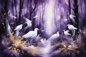 Watercolor. Airbrush. Dark forest. Dancing ghosts. Translucent. Colors: black. Purple. White. Gold. Super realistic. Super detailed.