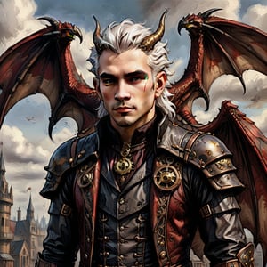  Oil painting in broad strokes, airbrushing - a beautiful winged man with white hair, soft beautiful features, huge dragon-like wings of dark red and black colors, exquisite Gothic steampunk clothes, 32k HD resolution, exquisite hyperdetalization and ultra-photorealistic unreal engine.