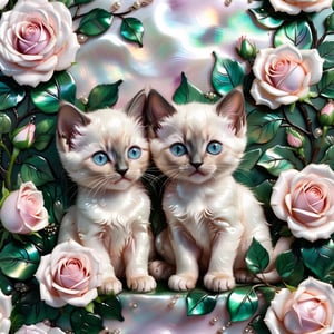 Two cute cartoon fluffy Siamese kittens are painted on the pearl mother-of-pearl. pale lilac-pink roses with dark green leaves made of mother-of-pearl. The background is pearl mother of pearl. close-up.