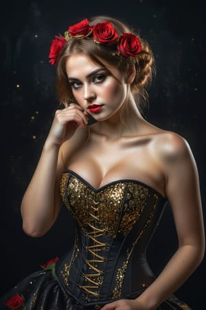 watercolor acrylic Russian woman with red roses in her hair, roses with gold sparkles, model 5 0 0 px, black silk dress with gold sparkles, corset, half-turn look, Nikon d 8 5 0 camera, black intense eyes, random pose, dark background