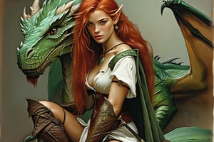 Luis Royo Fantasy-style digital artwork featuring a red-haired elf warrior woman and a green dragon. The elf has long, wavy red hair, pointed ears, and fair skin with freckles. She is dressed in a white blouse tied at the waist, a green and red plaid skirt, and knee-high socks with brown sandals. She has a confident and fierce expression, with one leg bent and the other extended. The green dragon beside her has detailed scales, sharp features, and a majestic presence. The background is a simple gradient, keeping the focus on the characters. In the bottom right corner, there is text in a white, bold font that reads 'carpe draco'.