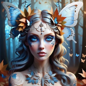 A beautiful ethereal woman with large, delicate butterfly wings attached to her head, surrounded by swirling autumn leaves and other small butterflies. Her striking blue eyes contrast with her porcelain skin, and she wears intricate lace-like tattoos that flow gracefully along her neck and shoulders. The background features an enchanted, misty forest with twisted, ancient trees and a soft glow that adds a dreamlike atmosphere. The colors are warm and vibrant, emphasizing the magical and surreal nature of the scene. Digital painting, ultra-realistic details, soft focus, high contrast lighting, (masterpiece: 1.2), (best quality:1.3), ultra highres, original, (extremely detailed:1.1), perfect lighting