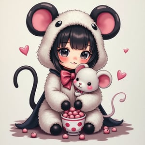  acrylic, painterly with clear elaboration of details, Gothic, a young woman in a white and black fluffy chibi mouse costume, with pink spots and a bow, a baby mouse toy sits next to her, hugging, a cup of sweets.