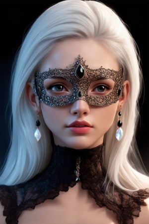   close-up, a woman, an openwork mask on her face with ornate patterns, decorated with black pre-precious stones, white long hair, mother-of-pearl shine on the skin, detailed elaboration of the face and jewelry, black closed dress with a high collar, lace trim around the edges of the collar, shades of gray, brown, black, beige, dim light, glare on gems, hyperrealism, photorealism.