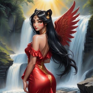 side view. anthropomorphic tigress, long silky black hair, eyes with elongated corners, fluffy eyelashes, glitter in eyes, silk red dress, black shiny angel wings, standing on the edge of a waterfall, sun rays, best shot, oil painting