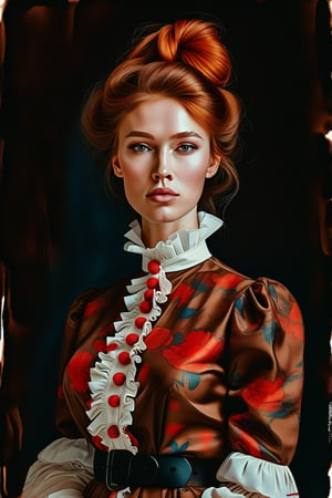 watercolor, acrylic, random pose, woman standing on a black background, blouse with ruffles on the tassels in a bright brown color with a print in small flowers, black vest, red French bun hairstyle, reddish brown, pronounced cheekbones, Russian style, villainess, photo realistic photo , sony a 7 iii, shot on canon 5 d mark ii