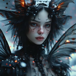 Dark fantasy. Dark Fairy, mistress of dark forces, detailed facial features, large transparent dark wings with small black pearls. Stands on fluffy snow covered with bright spots of burgundy paint. Fireflies fly around. Extreme detail. High definition image. Wallpaper.