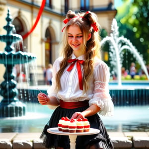 a girl with long hair gathered in two tails, wide red ribbons in her hair, a short fluffy black skirt with a lace petticoat, a white chiffon blouse, a girl stands by a fountain and eats a small cake, a slight smile, a look at the cake, a blurred summer street in the background, close-up plan, detailed face, romantic atmosphere, very inspiring, incredible atmosphere, bright colors, glowing highlights, masterpiece, best quality, oil watercolor