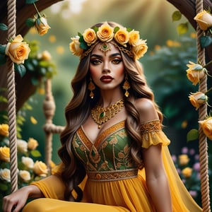  A woman with an attractive aesthetic appearance, with luxurious long hair, in an intricate headdress of yellow roses and amber, a long yellow chiffon dress embroidered with gold threads, jewelry made of amber and yellow roses - complex combinations of colors and jewelry, bright makeup, lipstick on the lips, kohl-lined eyes, a relaxed pose, against a haze with green and orange tints. Sitting on a rope swing decorated with flowers in the garden.